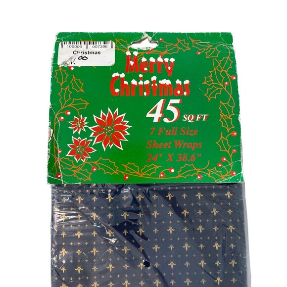 Vintage 70s Christmas Gift Wrap Sheets 45 Sq Ft Gold Fleur De Lis On Blue NEW - Picture 1 of 5